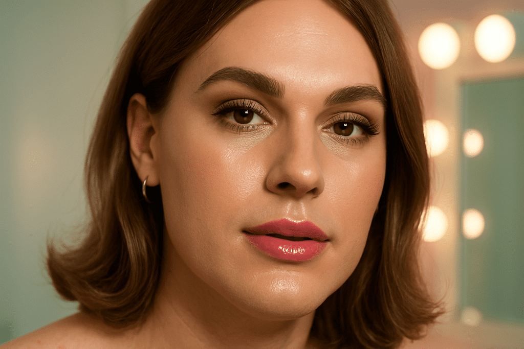 Hydrated feminine crossdresser with glowing skin and glossy lips, hydration improves beauty.