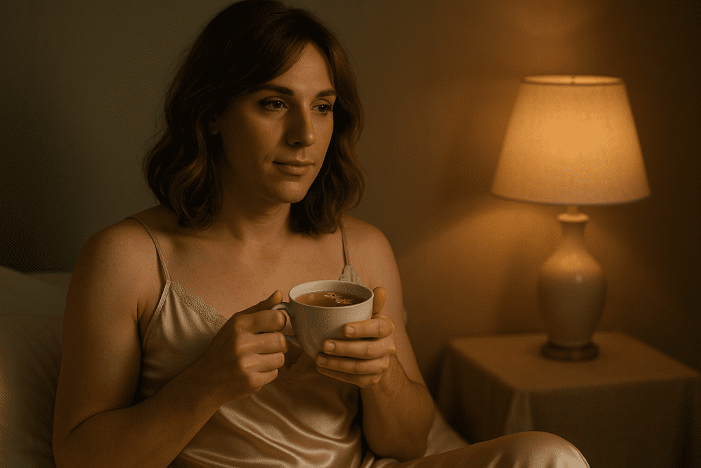 Feminine crossdresser sipping chamomile tea before bed, hydration as part of nighttime self-care ritual.