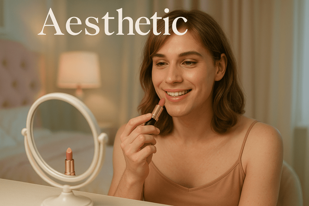Feminized crossdresser applying pink lipstick in glam bedroom mirror.