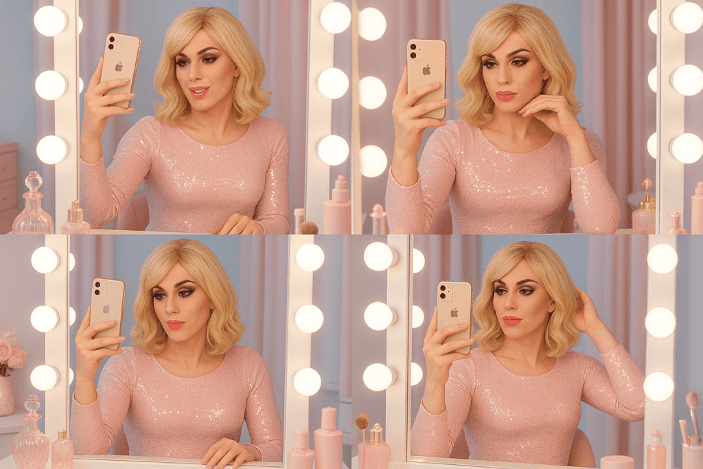 MTF beginner taking practice makeup selfies in front of vanity mirror.