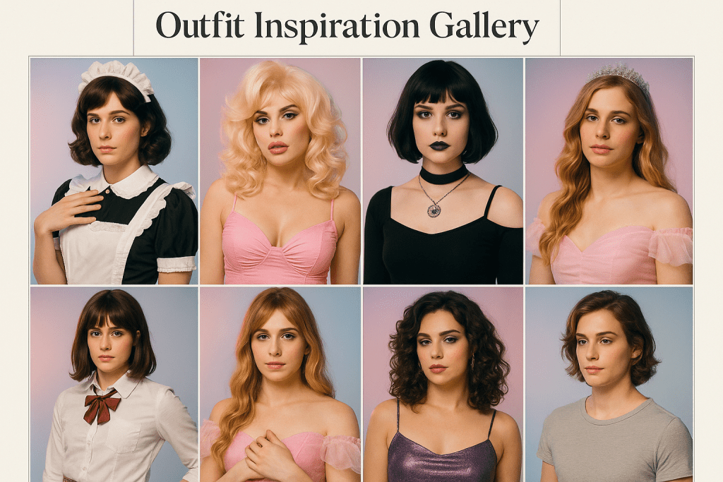 Sissy outfit inspiration gallery – collage of maid, bimbo, goth, schoolgirl, princess, club diva, and casual looks in one feminine gallery.