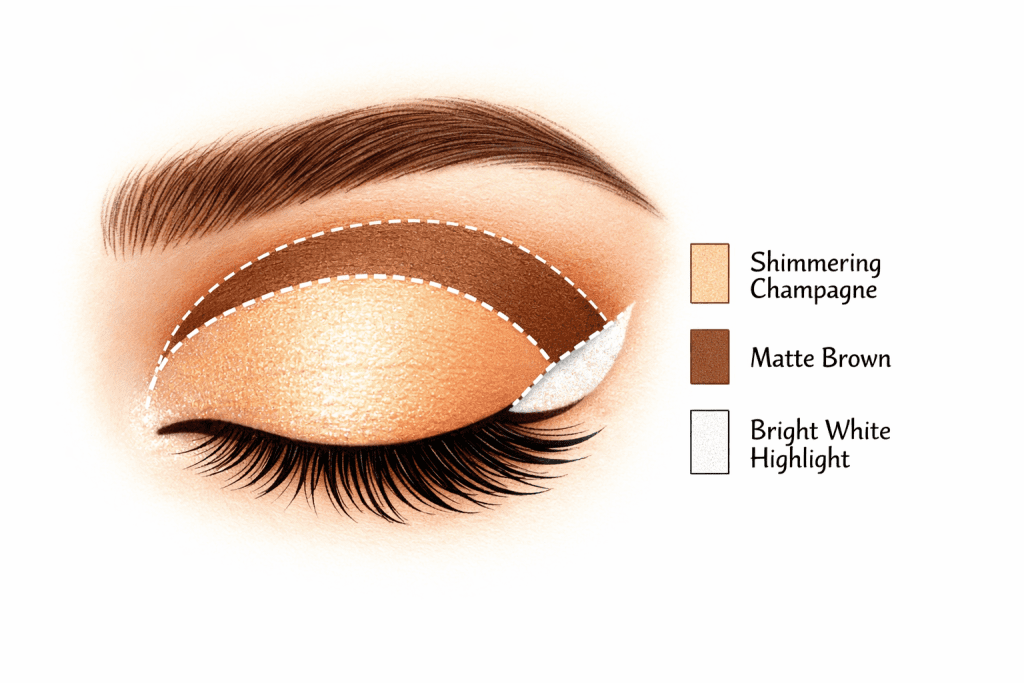 Eyeshadow placement guide for hooded eyes or deep-set eyes to make them appear larger and more feminine.