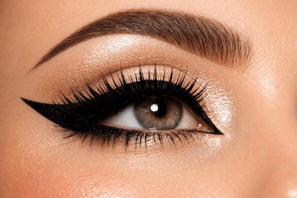 Close up of winged eyeliner and false lashes for a feminine eye look.