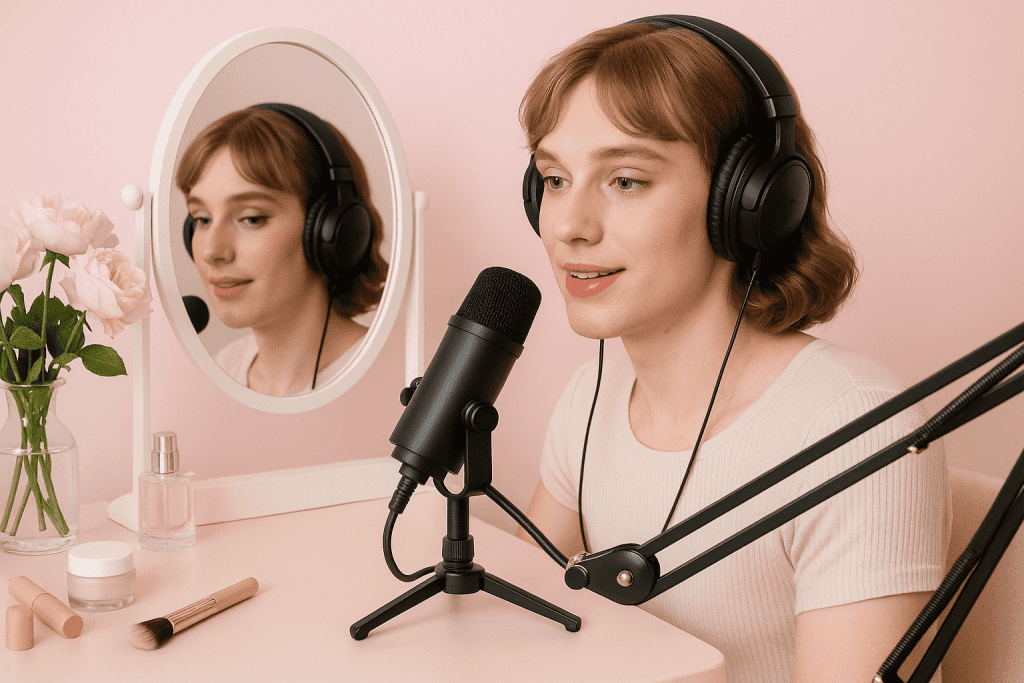 Sissy practicing voice feminization with microphone and mirror.