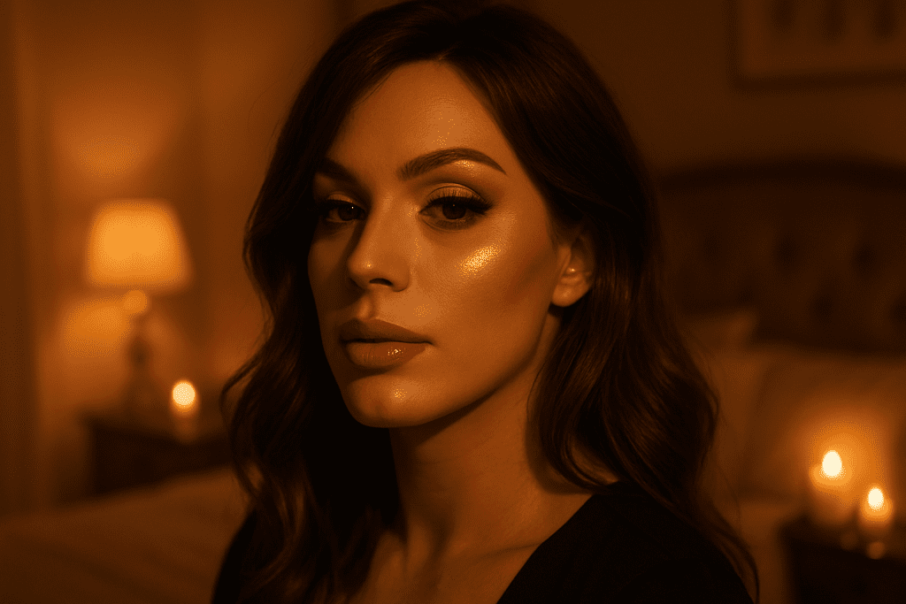 Crossdresser with shimmer eyeshadow, glowing highlighter, and glossy lips for Shimmer & Glow evening look.