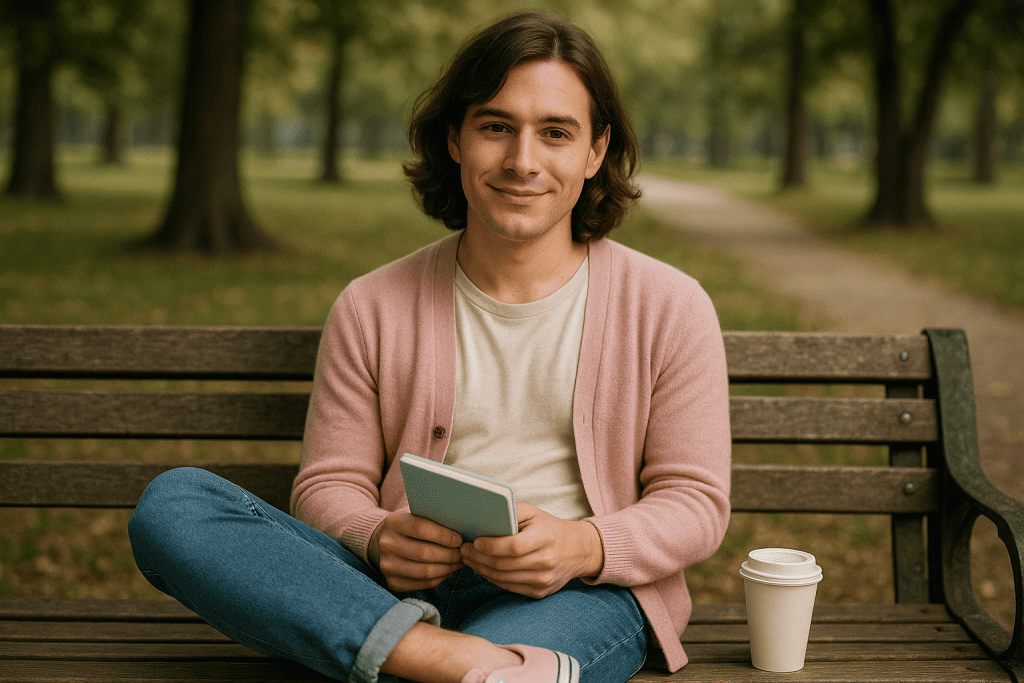 Feminized male sitting gracefully on park bench with pastel diary – exploring confidence through small public gestures.