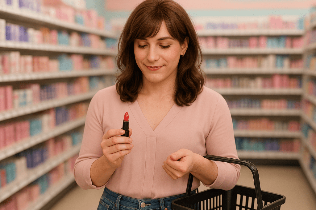 Crossdresser holding lipstick in a store aisle – trying safe public feminine dare.