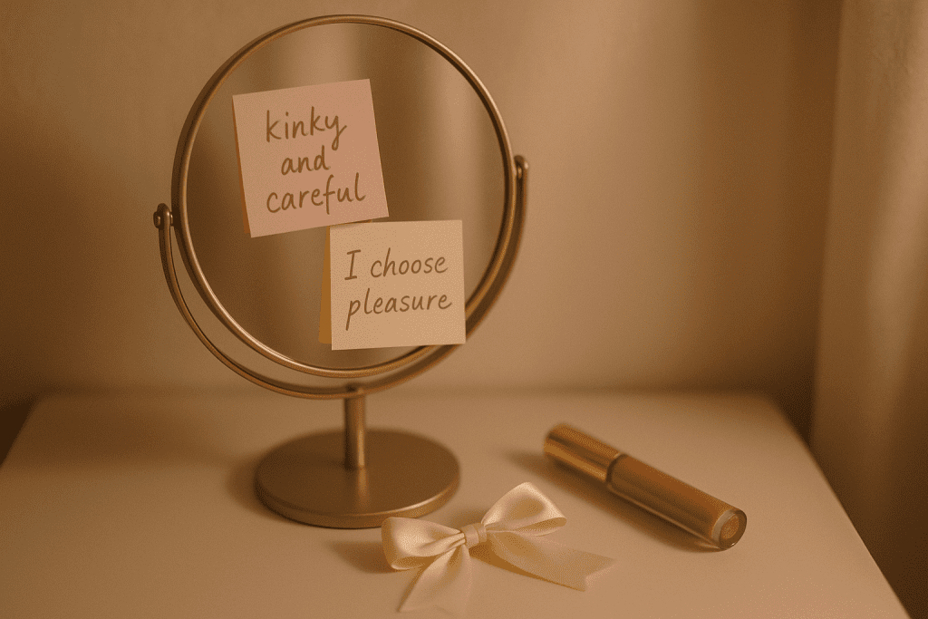 Pastel mirror with mindset notes—“kinky and careful”—for a guilt-free, consent-first approach