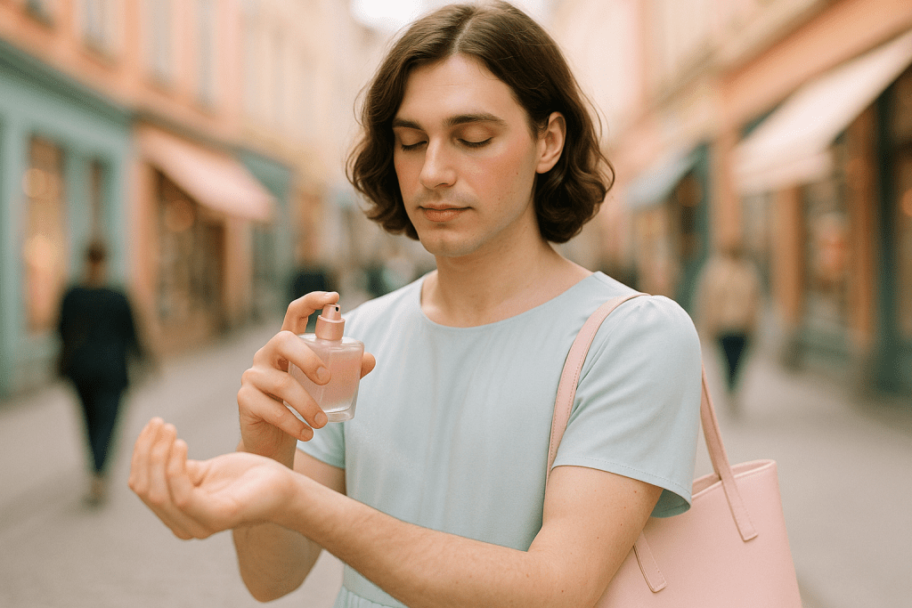 Crossdresser spritzing perfume outdoors – growing confidence with feminine public gestures.