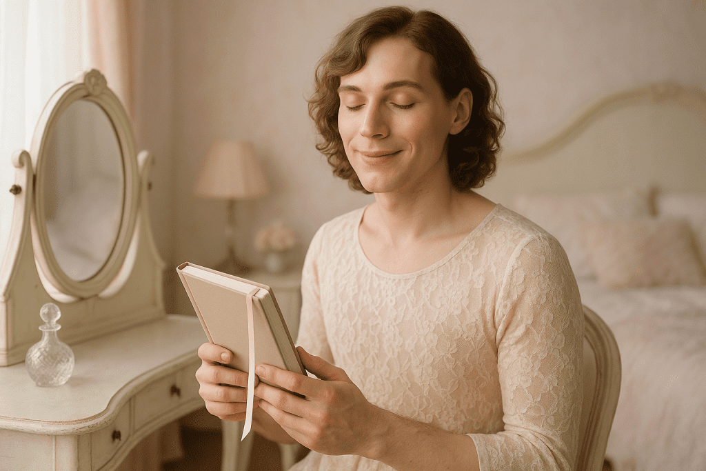 Sissy closing pastel journal with serene smile after writing confessions and progress