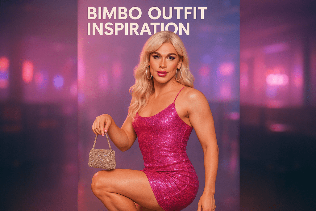 Bimbo outfit inspiration – hot pink mini-dress, glossy lips, long lashes, platform heels, sparkly glam look.