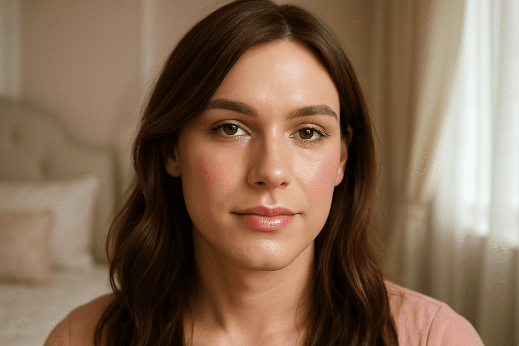 Crossdresser with glowing skin, minimal makeup, soft blush, and glossy lips for Barely-There Glow look.