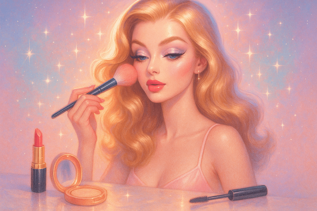 Feminine figure applying blush at vanity, symbolizing dollification and beautification process.