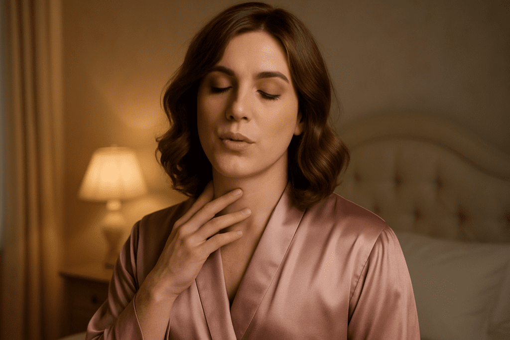 Feminized male practicing humming warm-up with hand on throat in pastel bedroom.