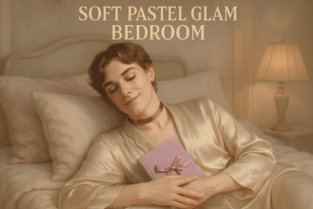Feminized male in satin robe lying on bed with diary, ribbon choker, and serene glow, symbolizing bedtime chastity and edging control.