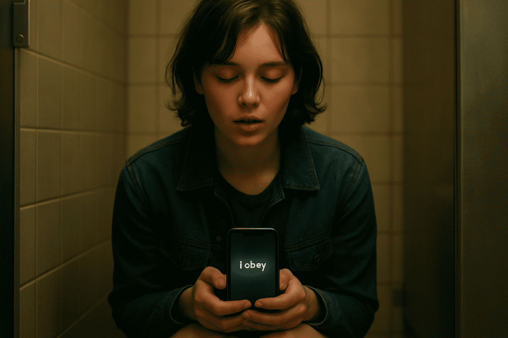 Text “I obey” to Mistress from a public toilet