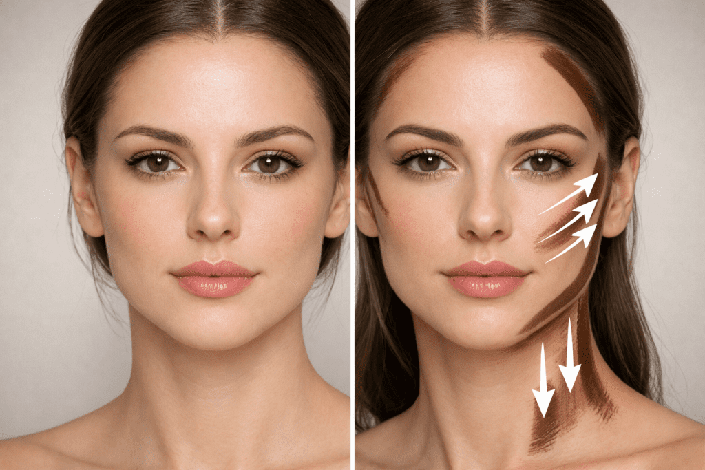Male to female makeup contour guide showing jawline shading and cheekbone lifting techniques.