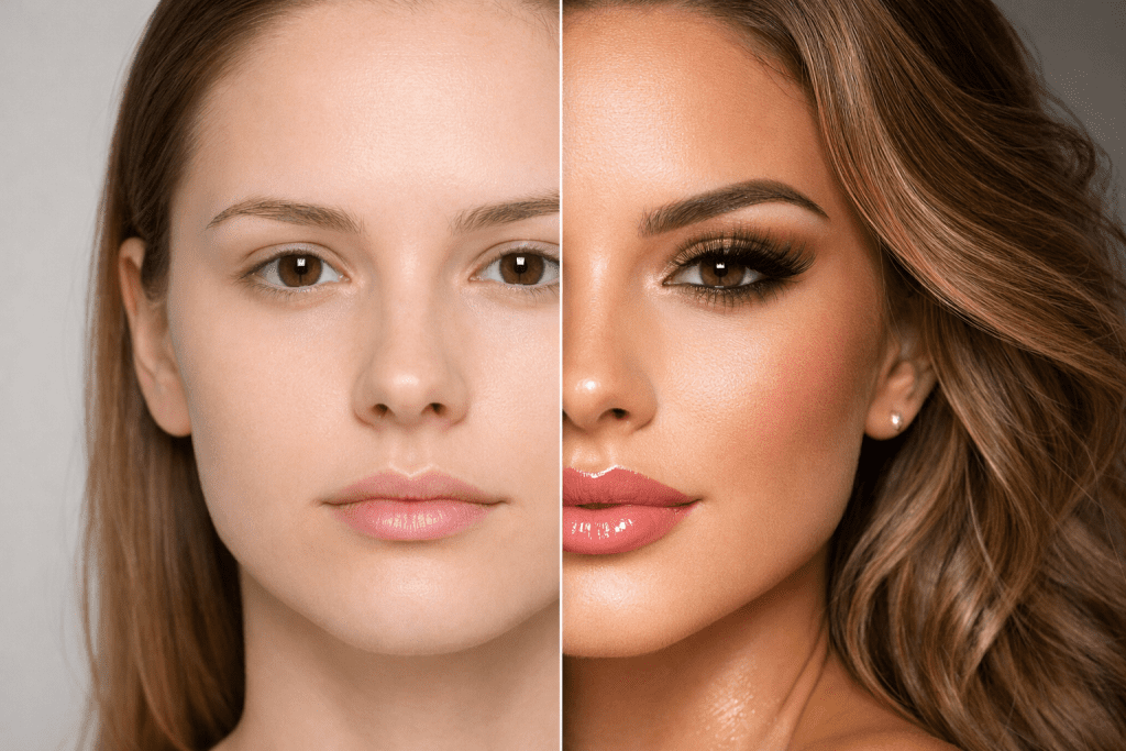 Male to female makeup transformation before and after, showing the power of contour and highlighting.