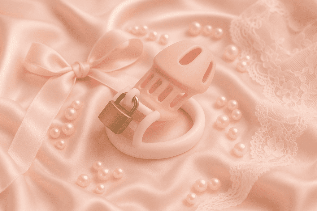Sissy chastity device styled with lace and pearls as part of training