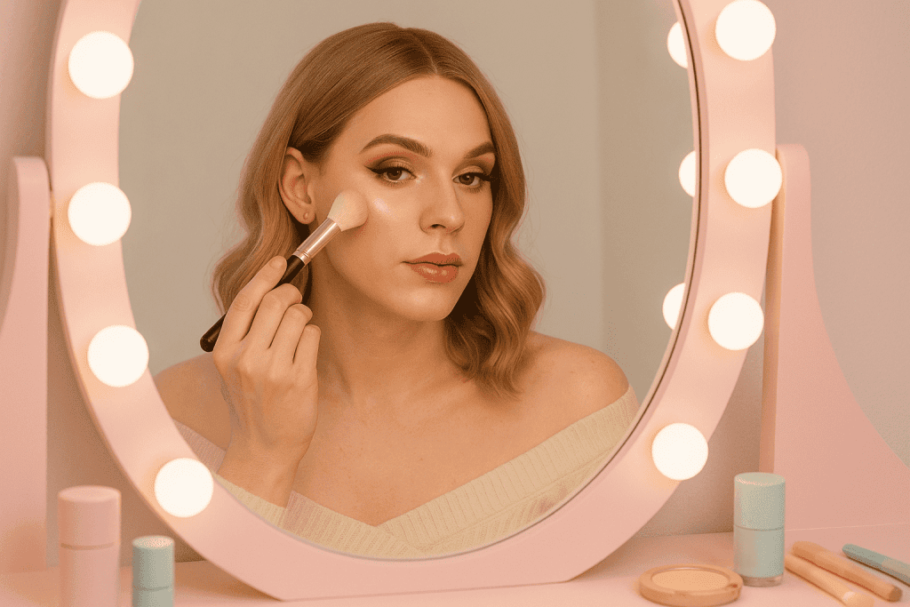 Crossdresser highlighting cheekbones for glowing skin effect on selfies.