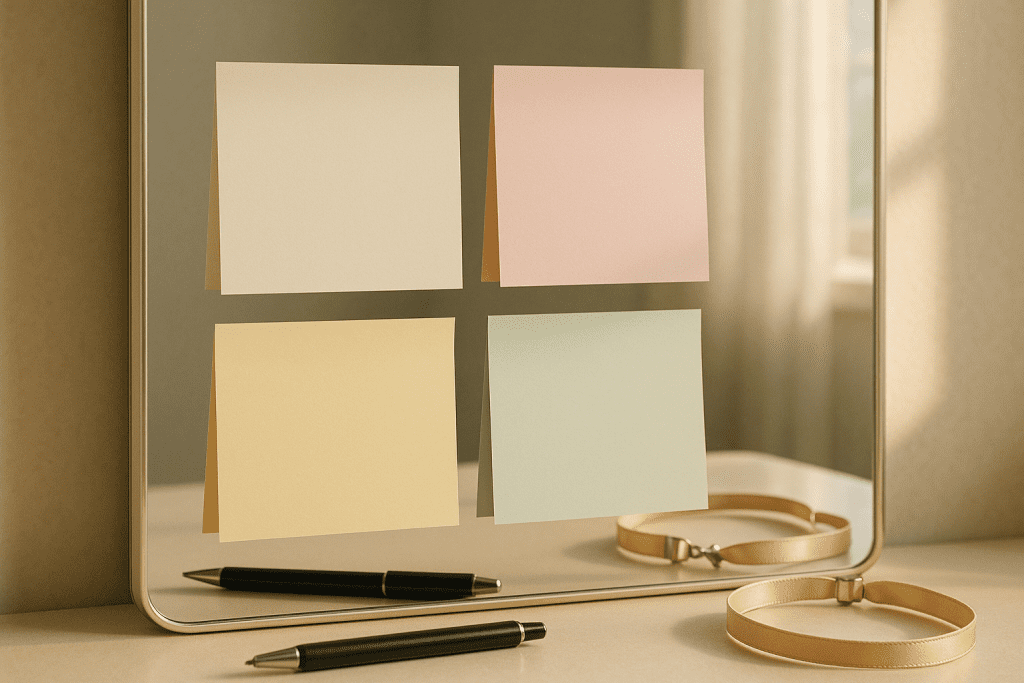 Four pastel sticky notes on a mirror with a pen on the vanity, symbolizing a four-week plan