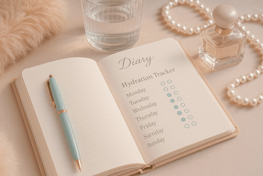 Feminine diary with hydration tracker, pastel glam water glass and accessories for accountability in self-care.