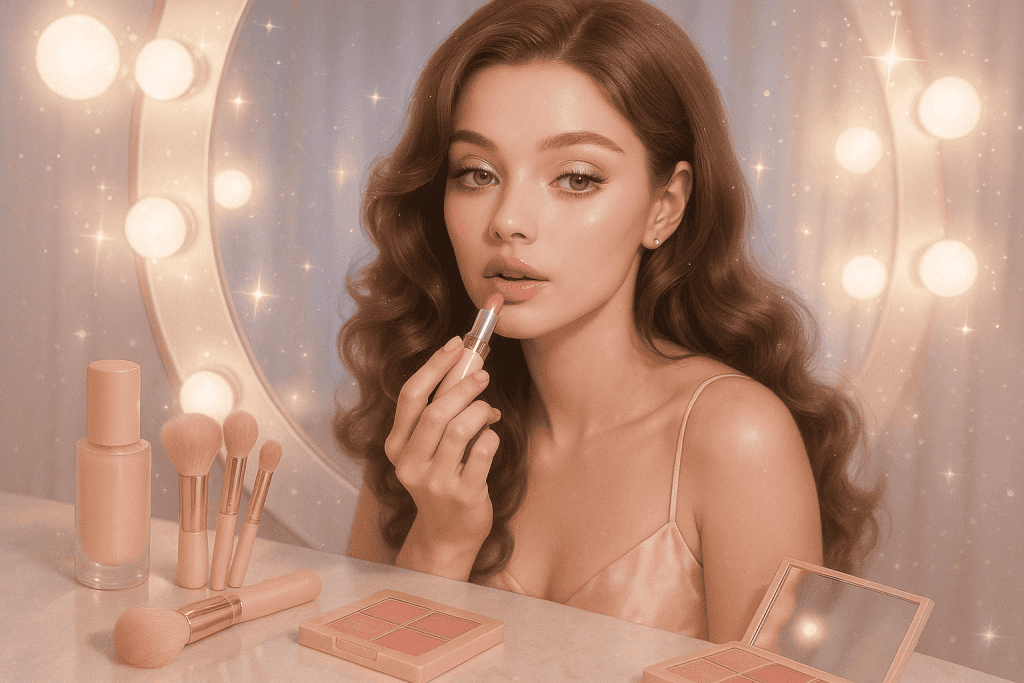 Feminine sissy applying lipstick at vanity with glowing makeup setup
