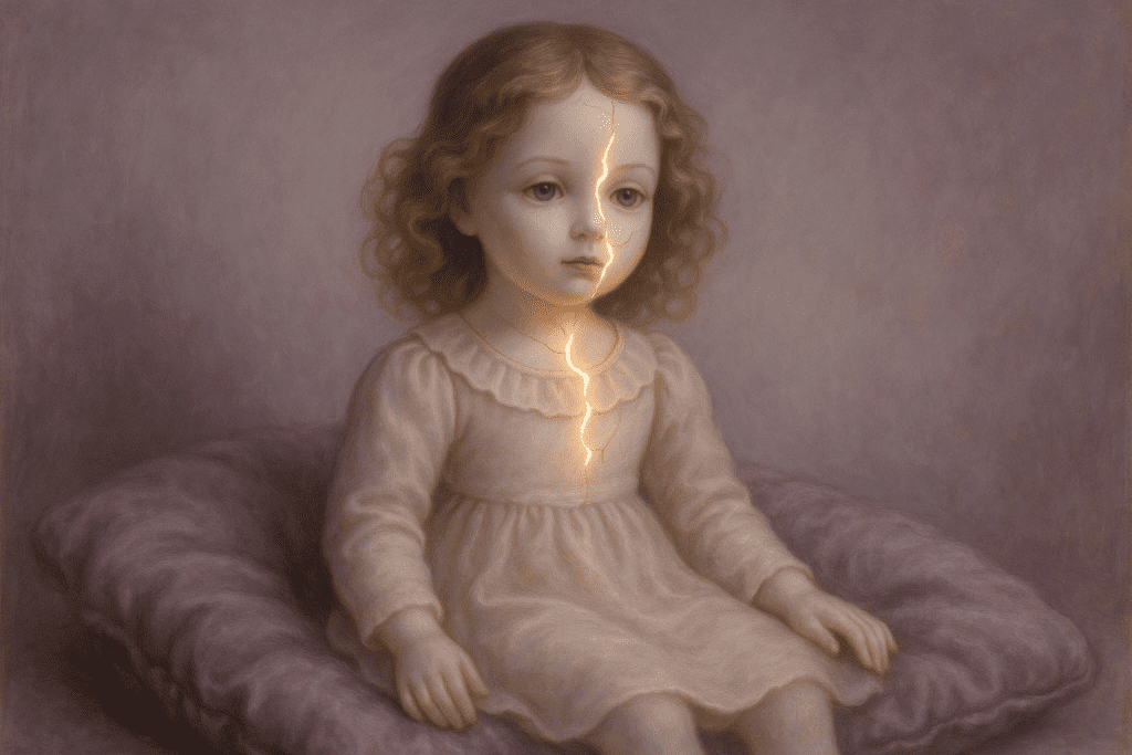 Porcelain doll glowing with cracks, symbolizing fragile surrender and control in permission rituals.