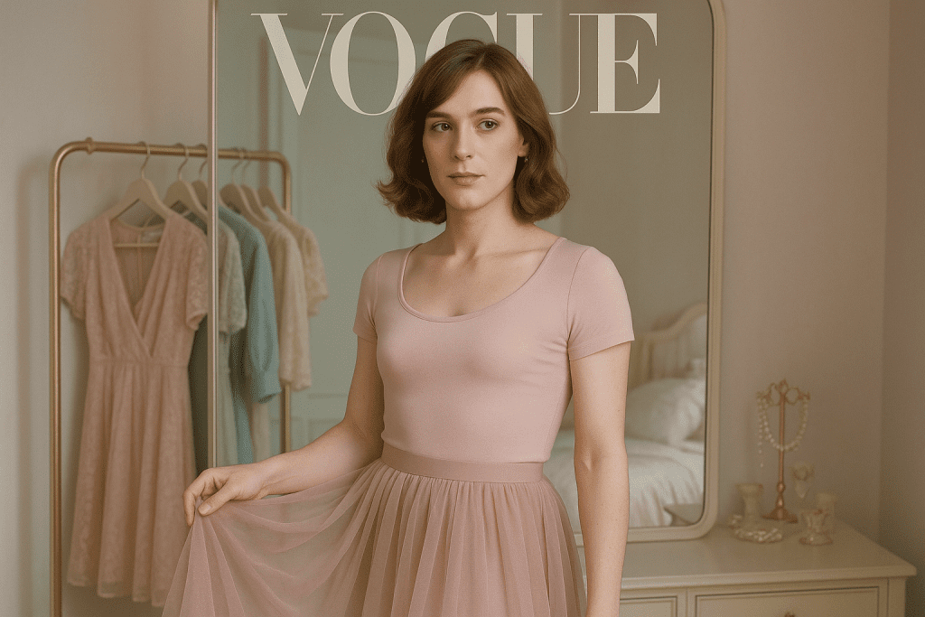 Crossdresser in pastel skirt and feminine top posing in bedroom mirror.