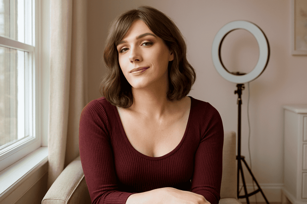 Crossdresser practicing selfie angles near natural window light with ring light setup. -How to Take Your First Makeup Selfie