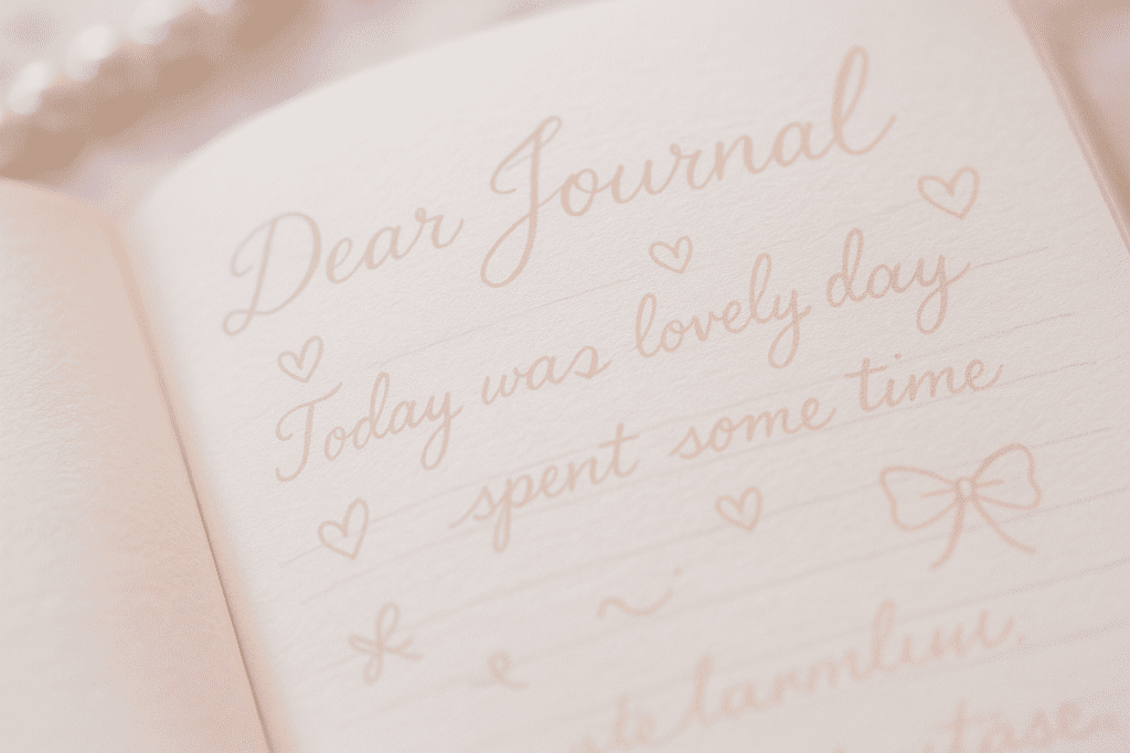 Close-up of feminine handwriting in pastel sissy journal with doodles