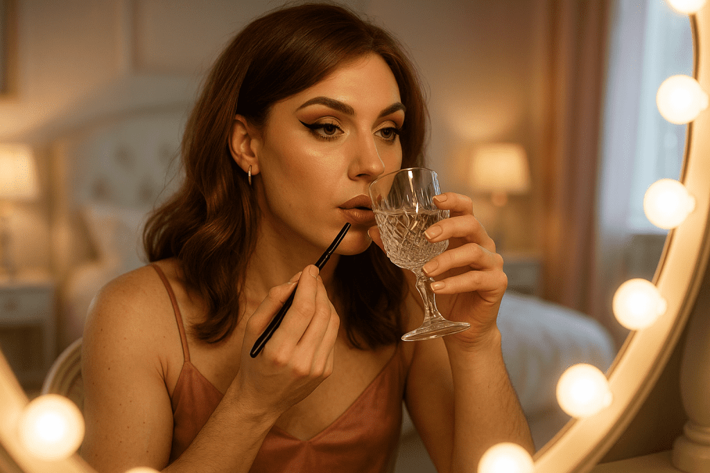 Feminine crossdresser sipping water while applying makeup at vanity mirror, hydration paired with beauty ritual.