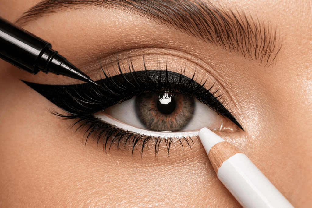 Step-by-step winged eyeliner tutorial for beginners, showing the upward flick technique.