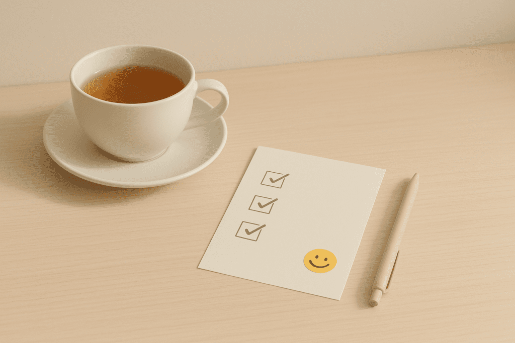 Reassuring pastel desk with tea and a checklist for common pleasure hurdles