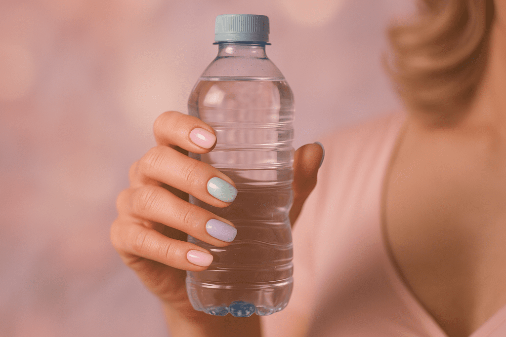 Feminine manicured hand holding a pastel water bottle, hydration reminder for sissy feminine health.