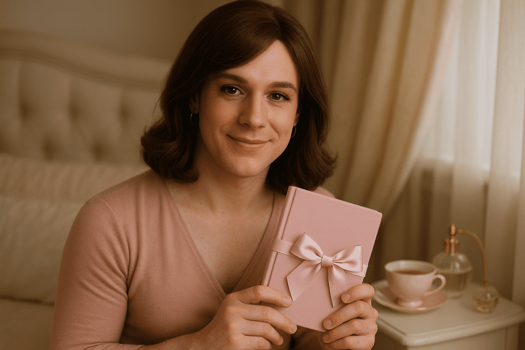 Crossdresser smiling softly holding pastel pink diary with ribbon in a feminine glam bedroom.