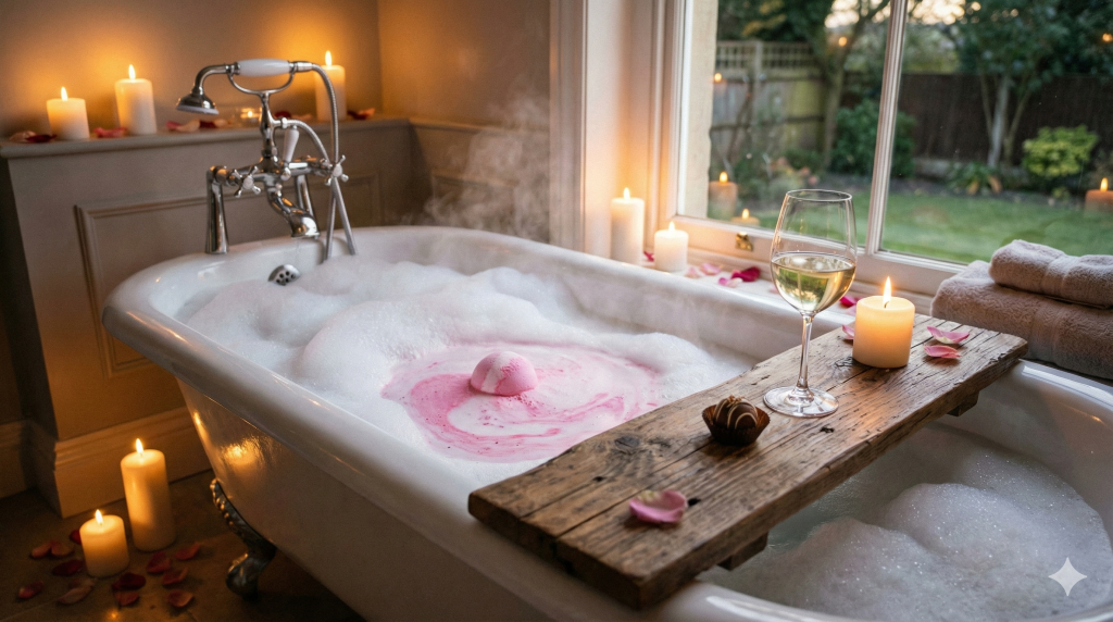 Luxury bubble bath with wine and chocolate as a reward for completing the weekly feminine routine.