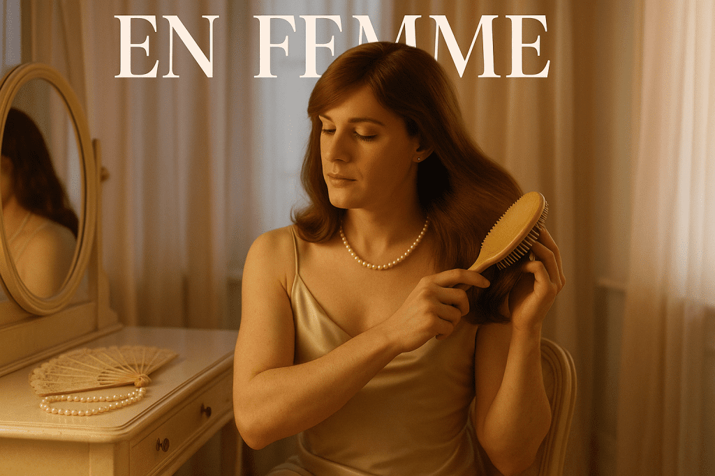 Crossdresser brushing hair at vanity in satin slip, surrounded by soft pastel props like pearls and lace fan, for feminization bedtime ritual.