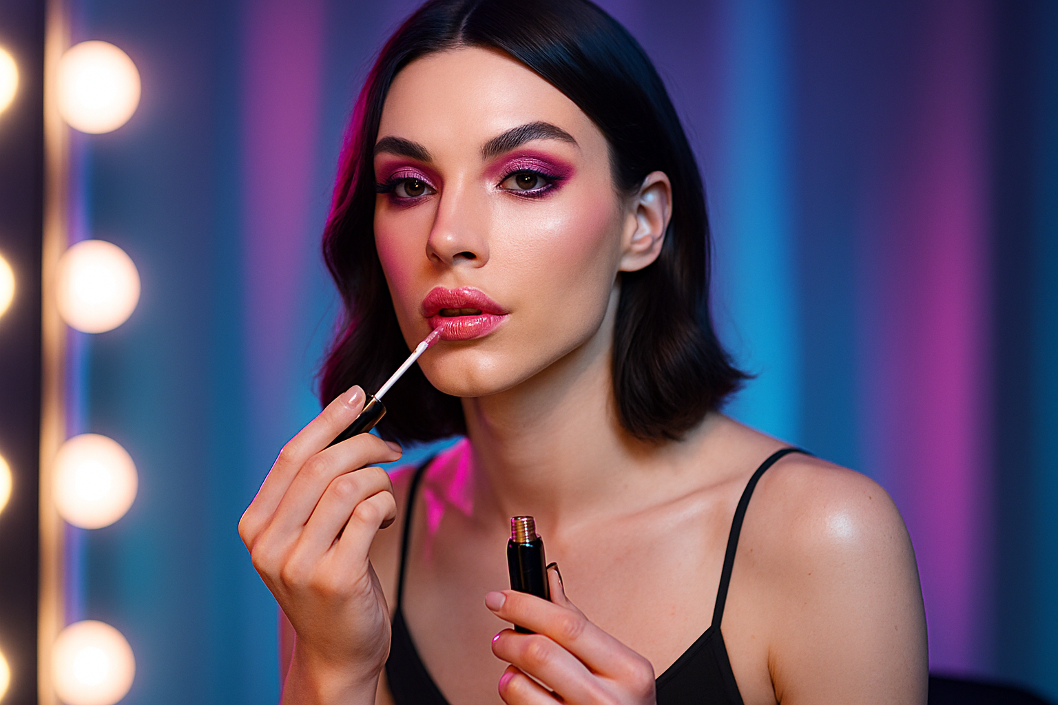 Feminized male model applying pink lip gloss at mirror.