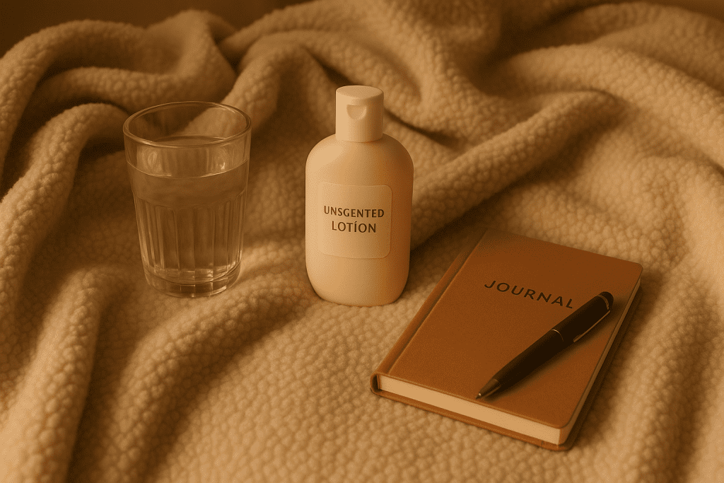 Cozy aftercare setup with water, lotion, and a journal for a guilt-free finish