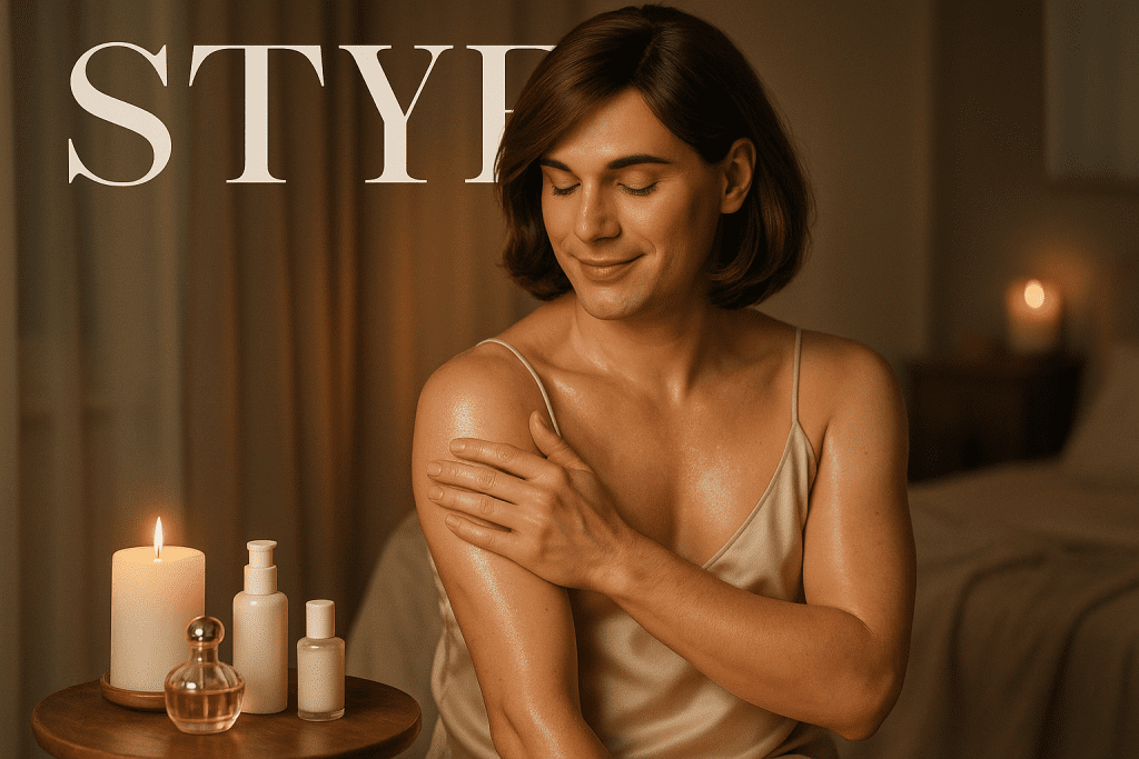 Crossdresser applying lotion in soft robe during feminine evening self-care