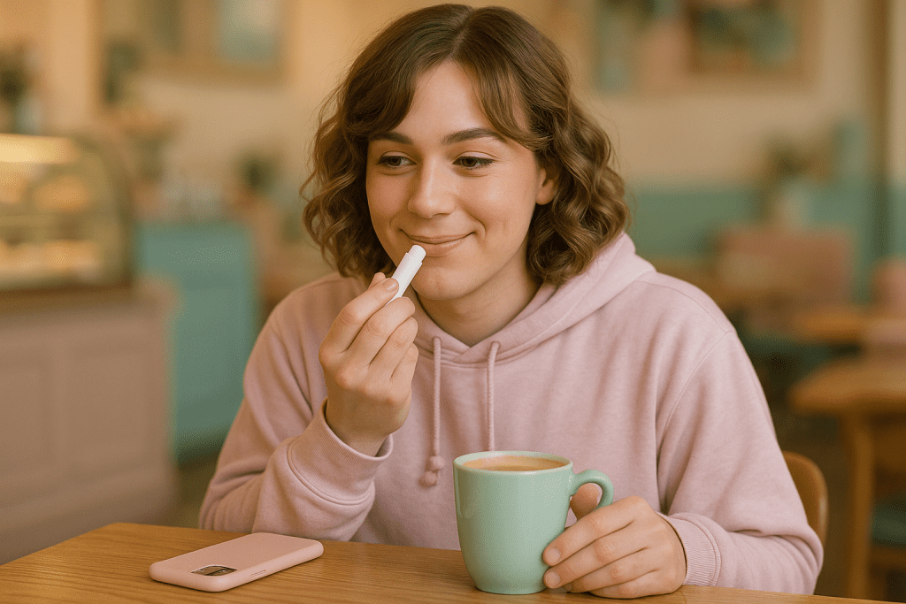 Crossdresser applying lip balm shyly at a café – subtle public feminine gesture outdoors.
