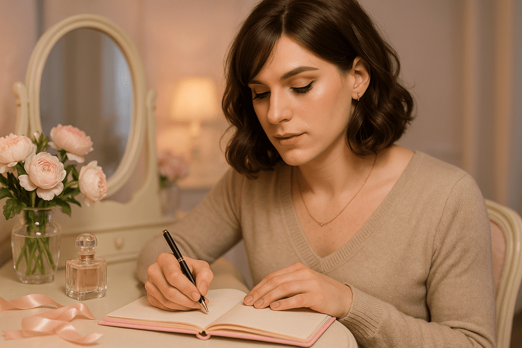 Crossdresser writing in pastel diary at vanity desk with flowers, mirror, and soft glam lighting.