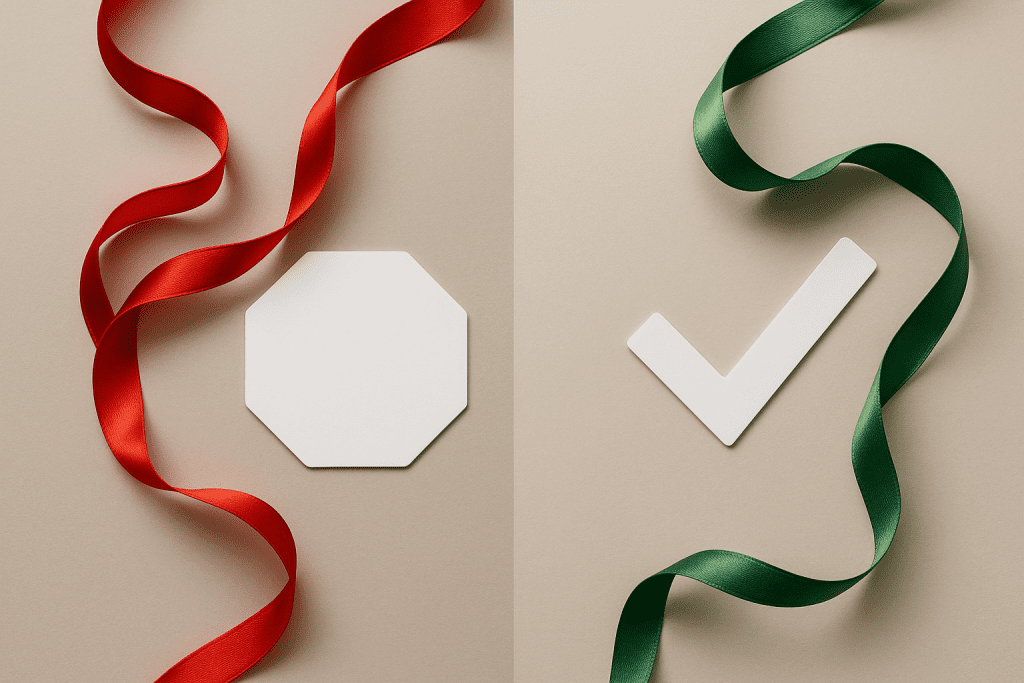 Red and green silk ribbons on opposite sides, visually contrasting stop and go cues.