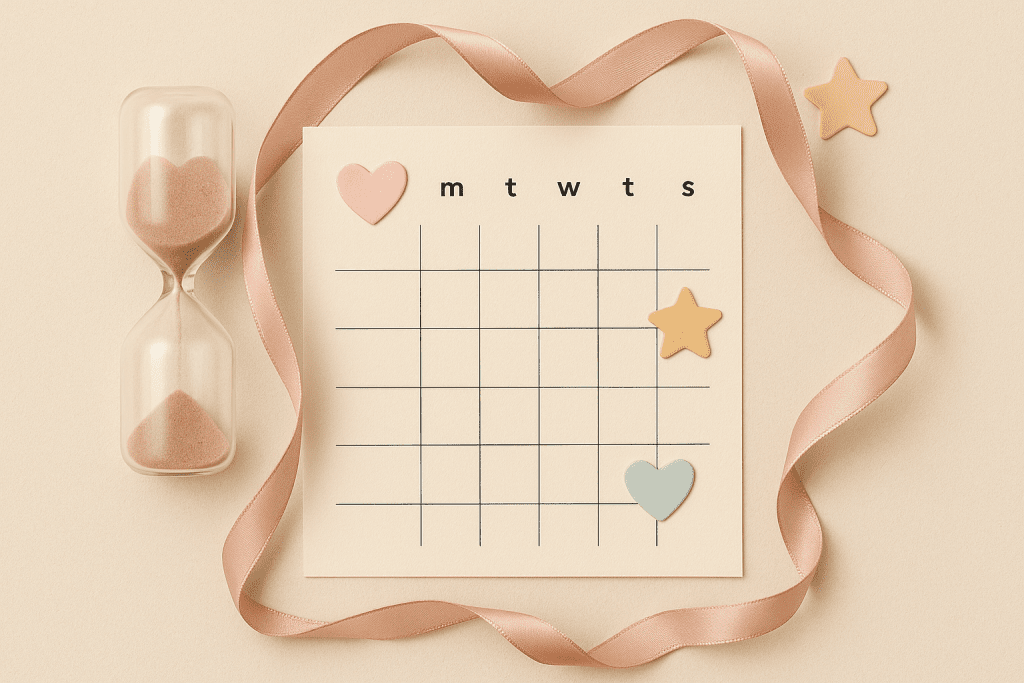 Soft pastel calendar with hourglass and stickers illustrating a humane edging ladder