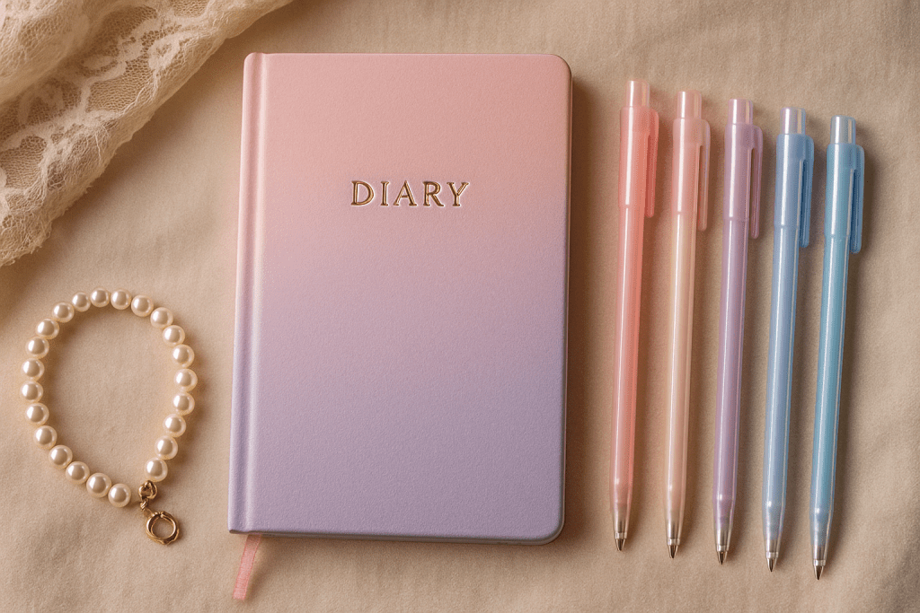Flat lay of pink diary, pastel pens, and feminine accessories – setting up a sissy journal