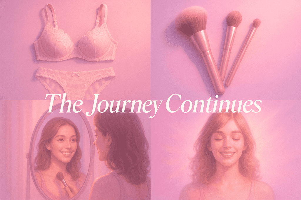 Sissy training journey transformation collage – clothes, makeup, femininity steps.